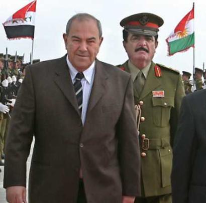 Iraq (news - web sites)'s Interim Prime Minister Iyad Allawi (L) walks in front of Kurdish military General Bahram in the Kurdish capital of Suleimaniya, northern Iraq, February 12, 2005. The final vote tally from Iraq's Jan. 30 elections will be announced on Sunday, the Election Commission said. Allawi traveled to northern Iraq on Saturday to meet Jalal Talabani, leader of one of two main Kurdish parties, in the hope of striking a deal with the powerful Kurdish bloc. (Namir Noor-Eldeen/Reuters)