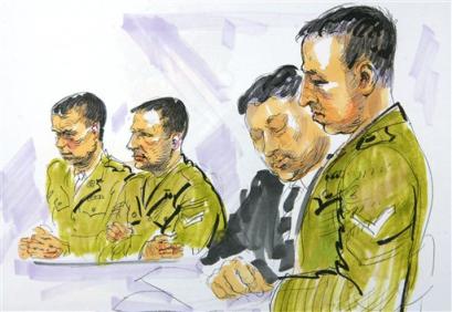 A courtroom drawing shows British soldiers Cpl. Daniel Kenyon, second left, Lance Cpl. Mark Cooley, left, and Lance Cpl. Darrien Larkin, right, in the courtroom of the British Court Centre in Osnabrueck, northern Germany, Friday, Feb. 25 2005. A military jury convicted three British servicemen on charges of involvement in abusing Iraqi civilians. The panel of seven senior officers found them guilty after a month-long trial at the British base in Germany. Name of the person, second right, is not available. [AP]